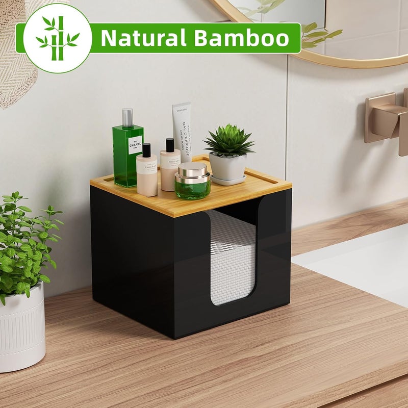 VITVITI Disposable Face Towel Holder Box, Acrylic Facial Towel Container for XL Clean Skin Club, Large Disposable Face Towels Storage with Bamboo Lid, for Bathroom, Vanity Makeup, Black - Image 3